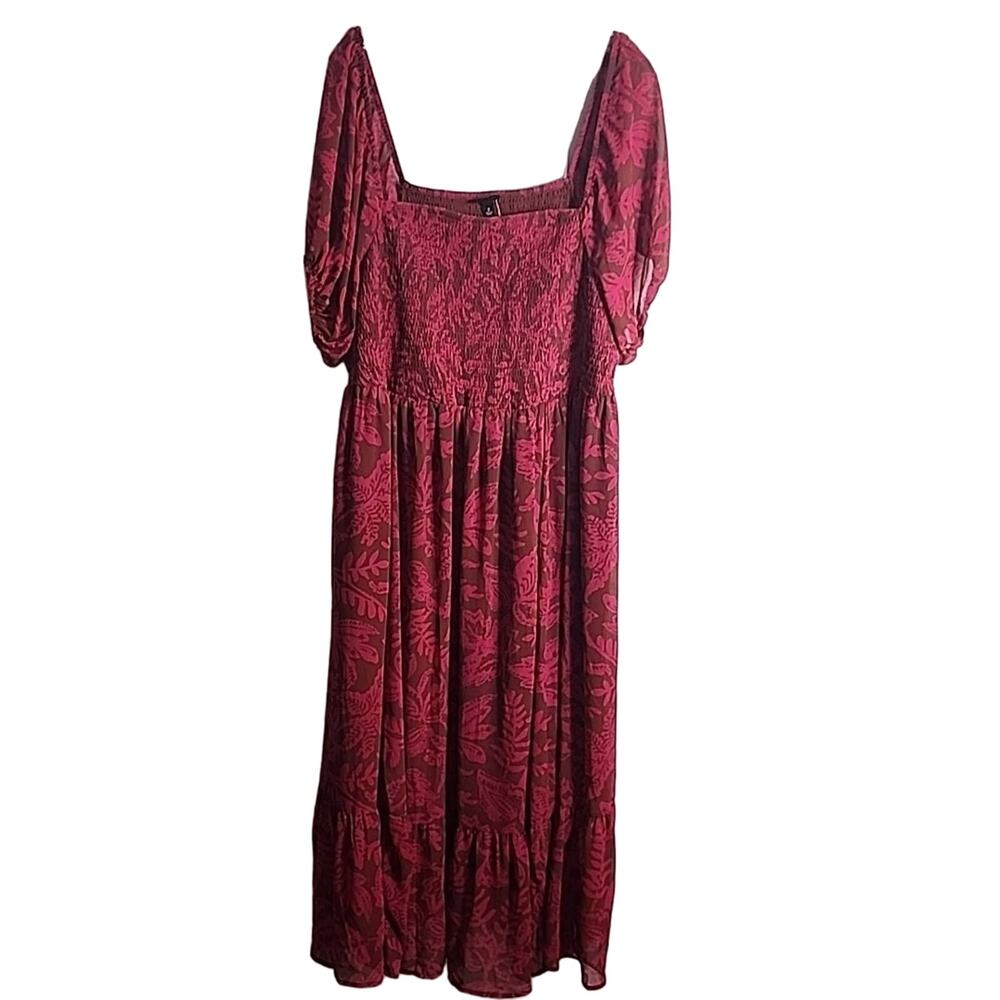 Torrid Burgundy Leaves Tea Length Smocked Bodice Dress, NWT, 1X